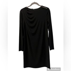 Holiday, black dress, Nine West, long sleeved, knee length, rhinestone detail.